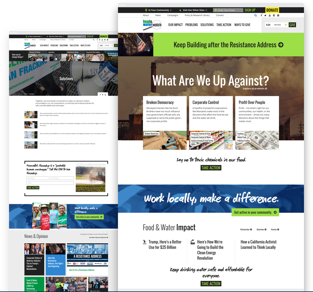 Images of the redesigned Food and Water Watch webpages 